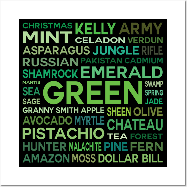 Word Cloud - Shades of Green (Black Background) Wall Art by inotyler